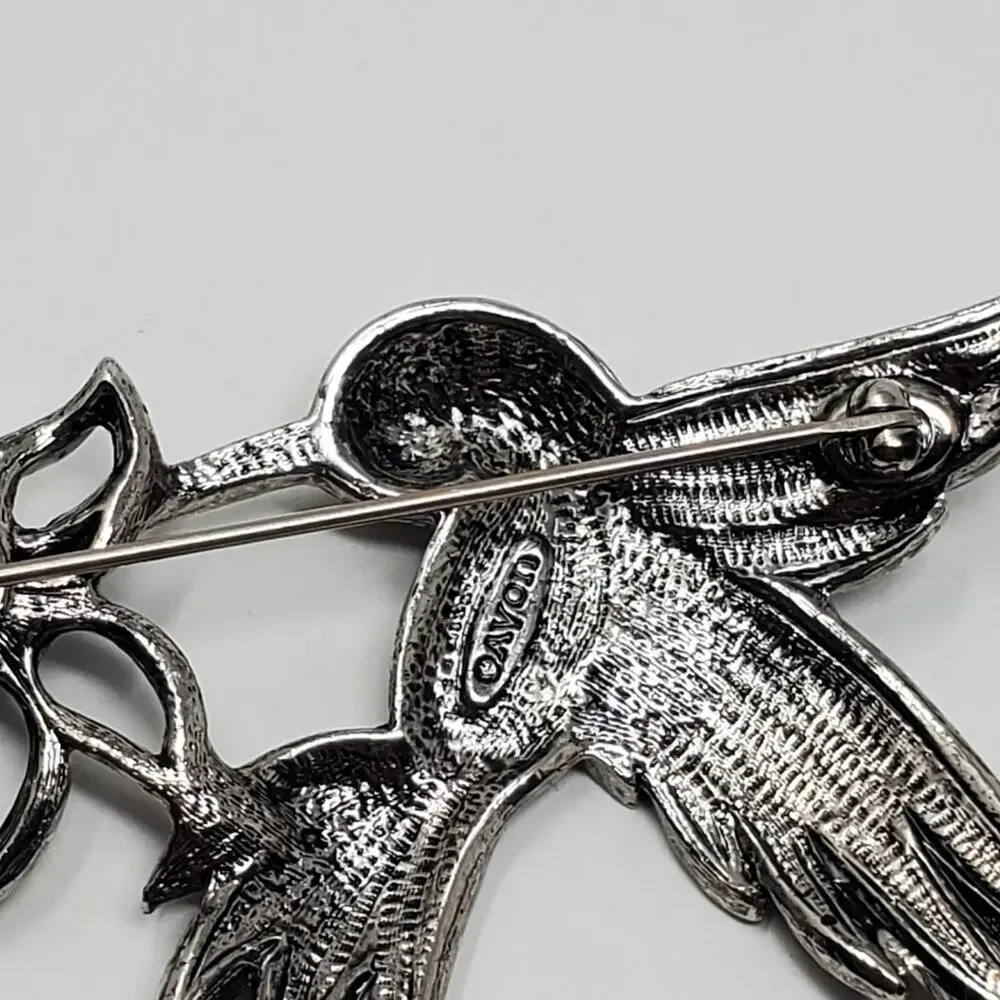 Vintage Avon Silver tone metal with black rhinestone hummingbird brooch …
